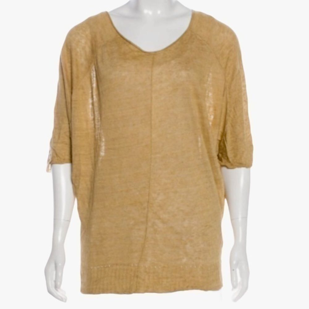 Nili Lotan Scoop Neck Top Tan Linen Knit Shirt Size XS